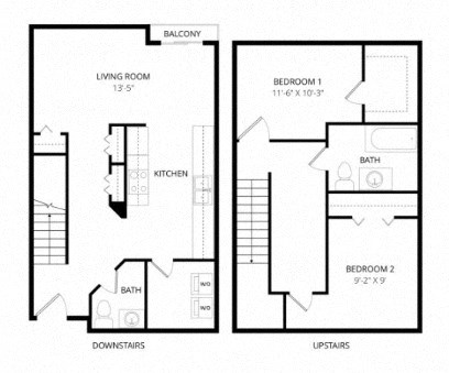 Floor plan for 2 beds, 1 bath, 1088 sqft